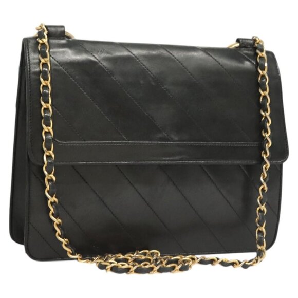 CHANEL Bias Stitch Chain Shoulder Bag Lamb Skin Black Gold CC Auth bs26548 - Picture 1 of 16
